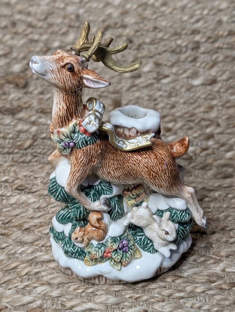 Vintage Fitz & Floyd Snowy Woods Deer Candlestick Holder Christmas Holiday Decor